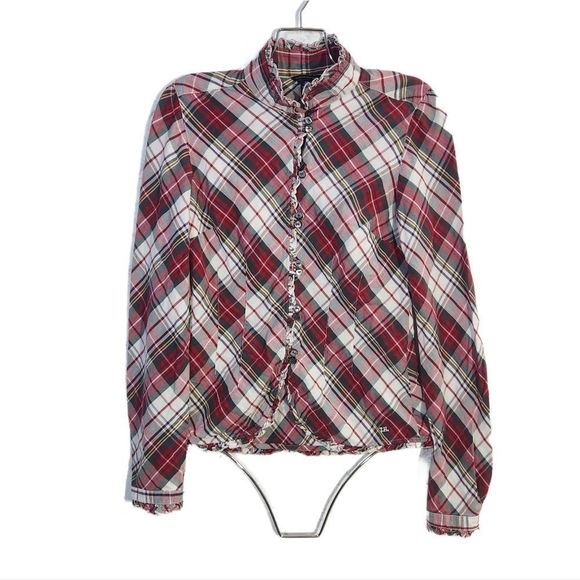 Tommy Hilfiger plaid red green white ruffle button down long sleeve blouse small - Picture 2 of 13
